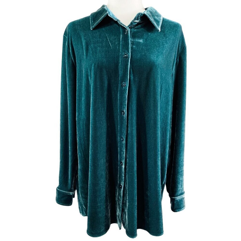 Soft Surroundings Teal Green Velour Boyfriend Button-Up Tunic Shirt 29695